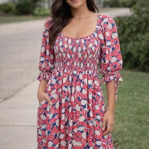 Smocked Scoop-Neck Midi Dress in Red, Blue & Cream Leaf Print with pockets